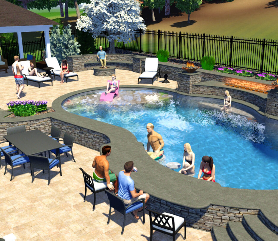 3D pool concept with people sitting at the bar in the pool.