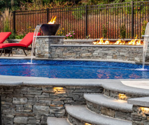 Close up of the pool fountains with fire.