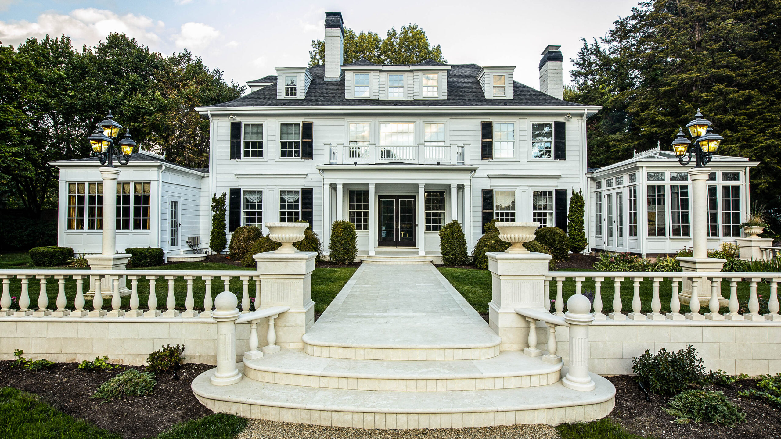 Front of the Gibson house with marble stairs.