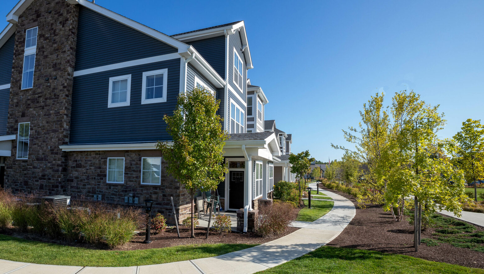 Landscaping and sidewalks in front of homes at a Dex by Terra commercial landscape design-build project.