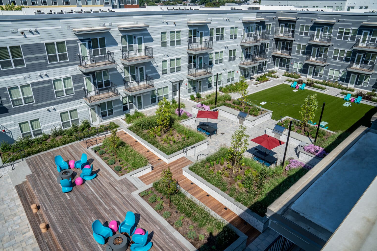 A 3rd floor courtyard, built by Dex by Terra, at V2 Apartments in Chelsea, Massachusetts.