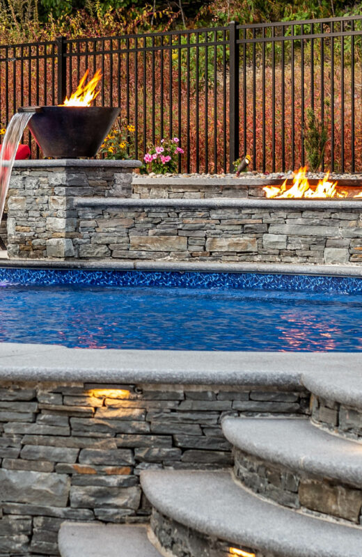 Close up of the pool fountains with fire.