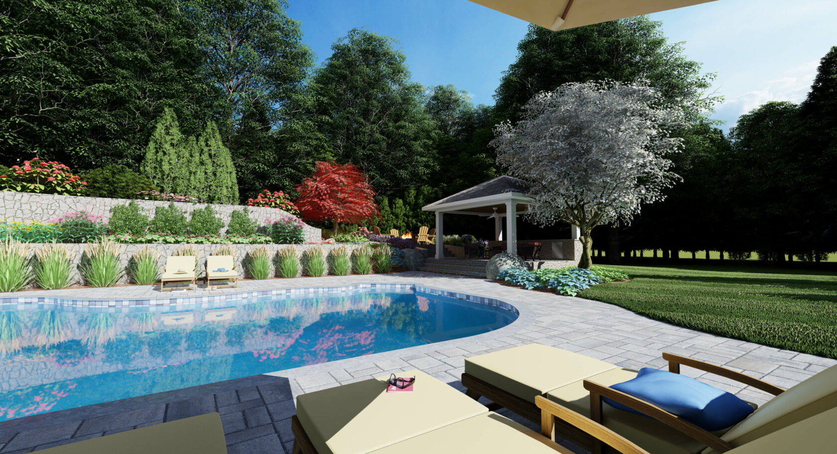 3D pool concept with lounge chairs, landscaping, and pergola. Pool design by Dex by Terra.