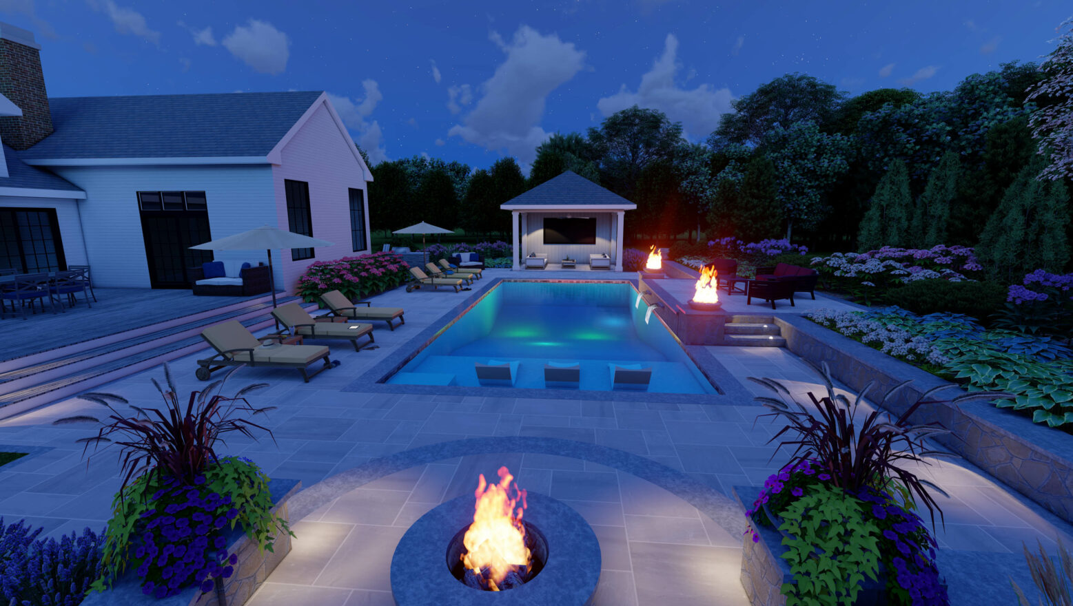 3D backyard pool concept with fire pits at night.
