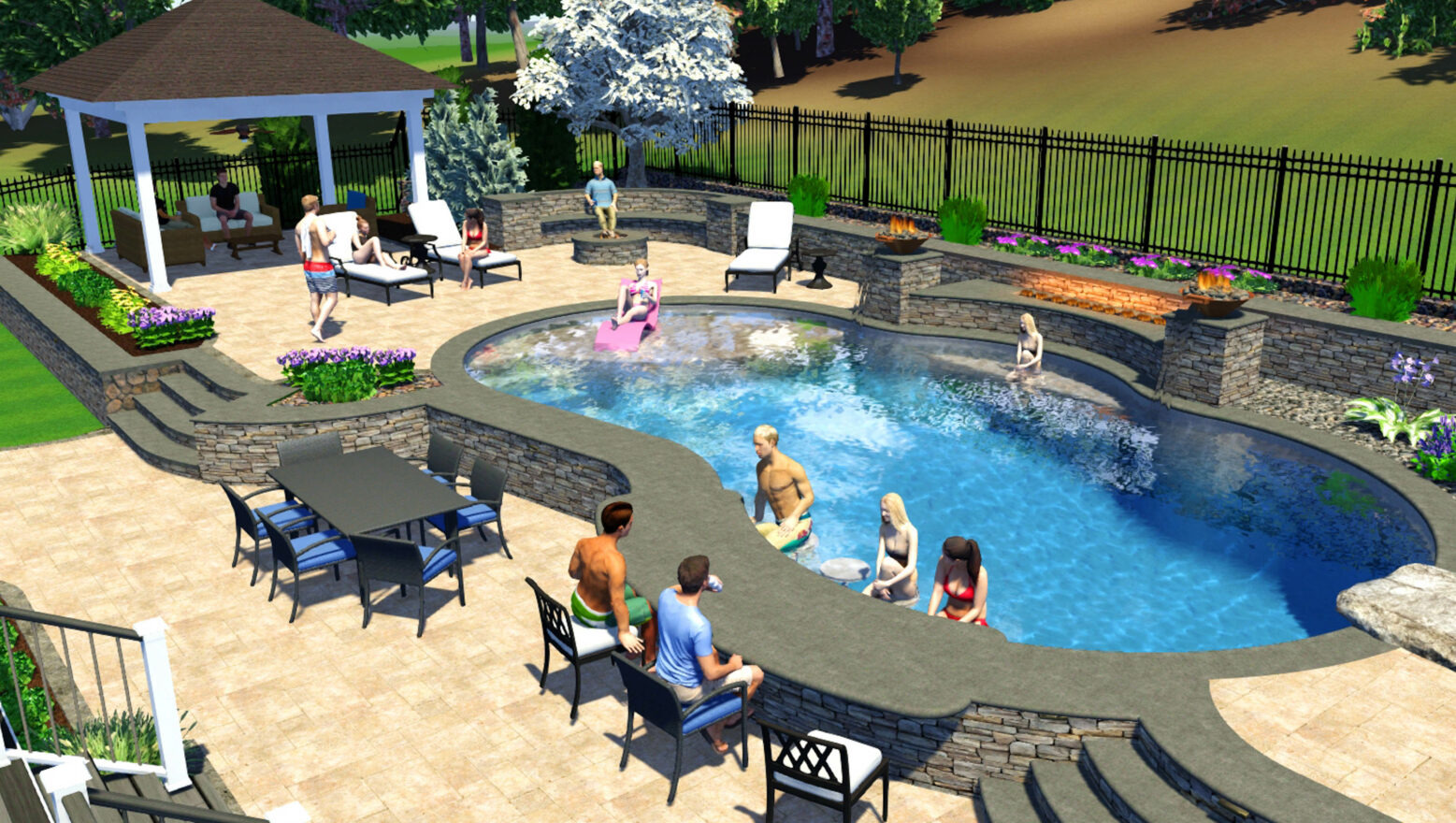 3D pool concept with people sitting at the bar in the pool.