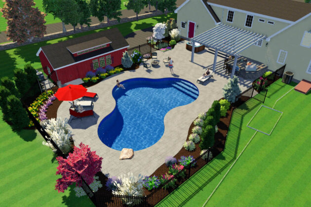 3D Landscape Design for backyard with inground pool in Stow, MA. Project by Dex by Terra.
