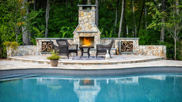 Pool with fireplace.