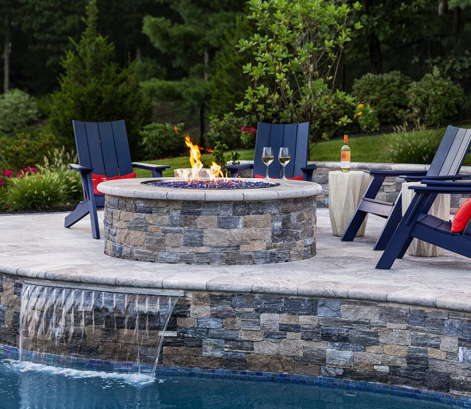 Norfolk MA Pool fire pit and water feature