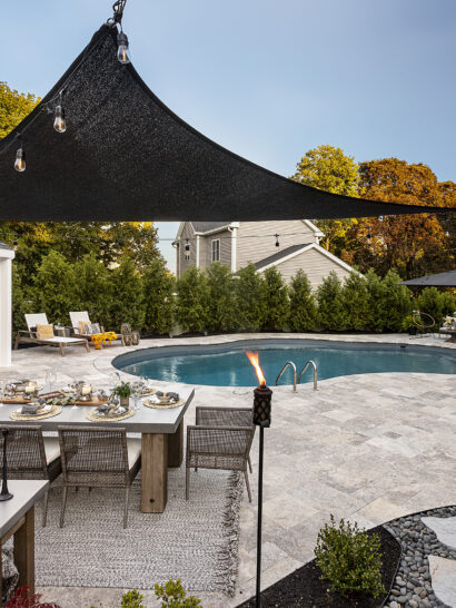 Shrewsbury MA Pool wide image with table setting