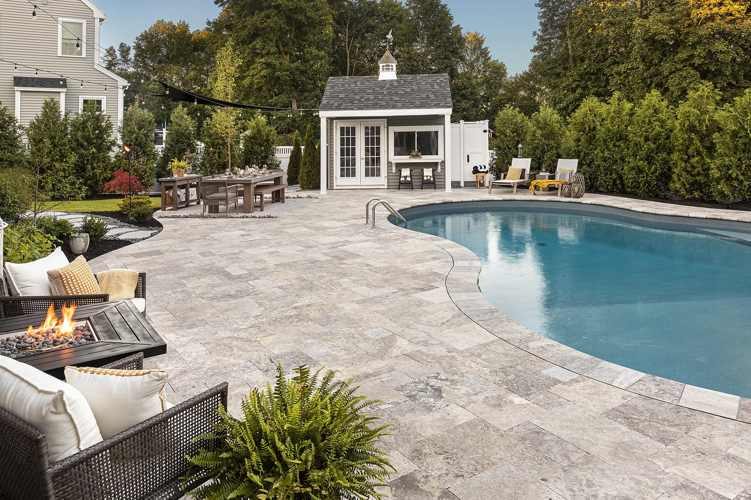 Shrewsbury MA Pool, fire pit, pool deck, pool house