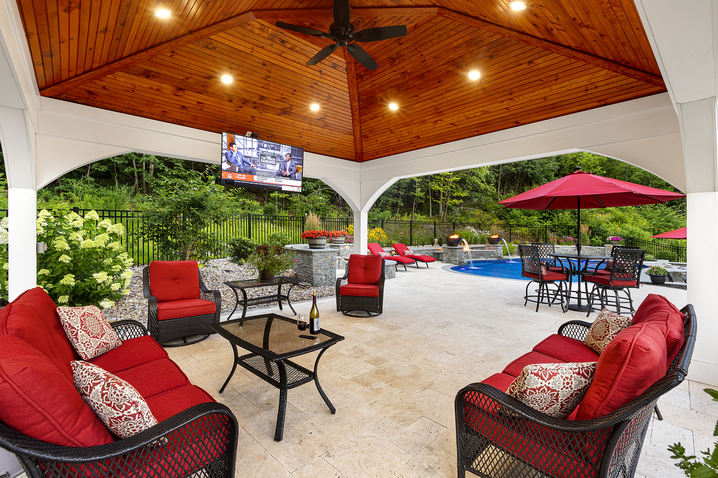Sterling MA pool under pergola with tv