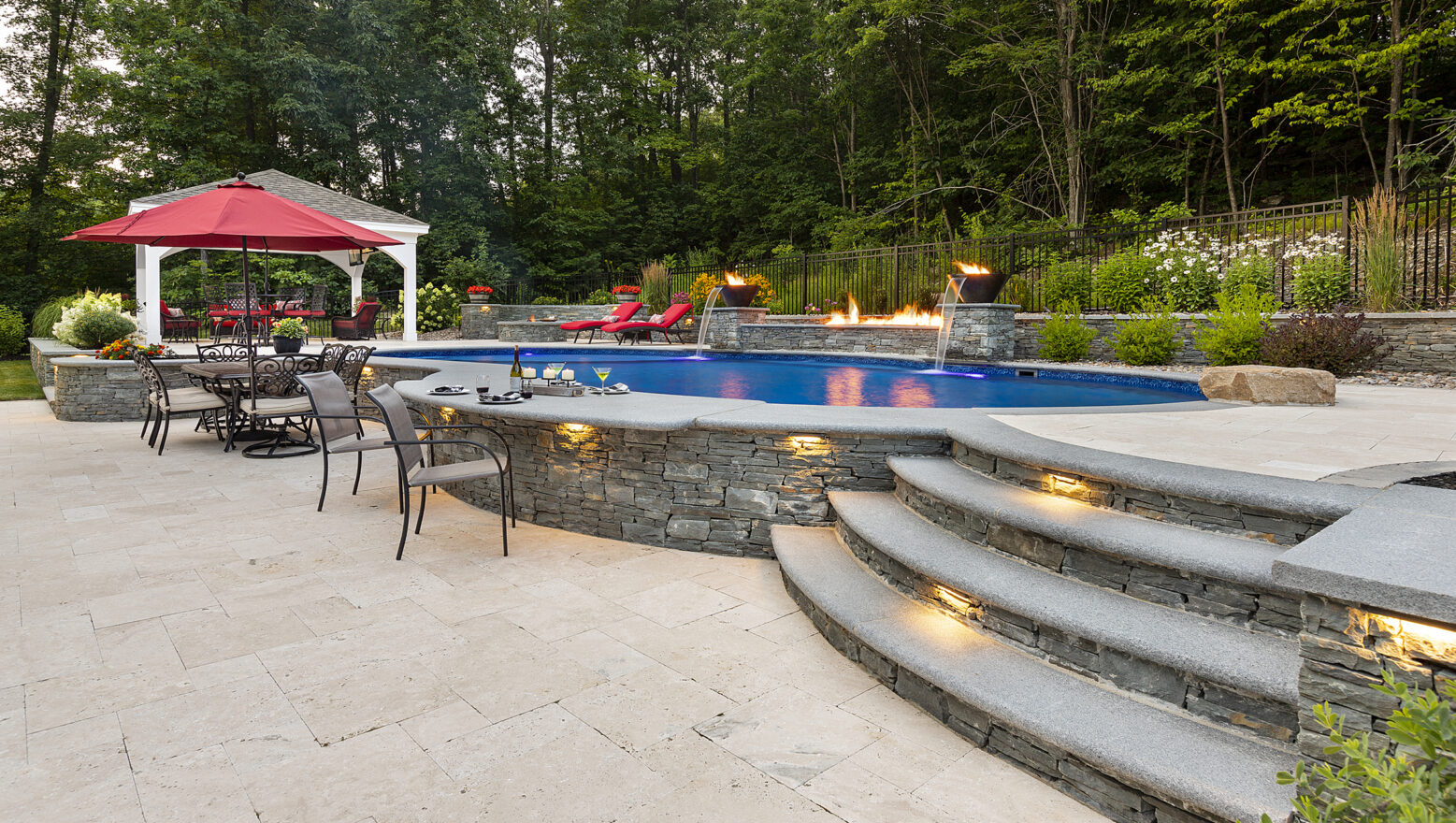 Sterling MA pool steps, jump rock, and poolside bar