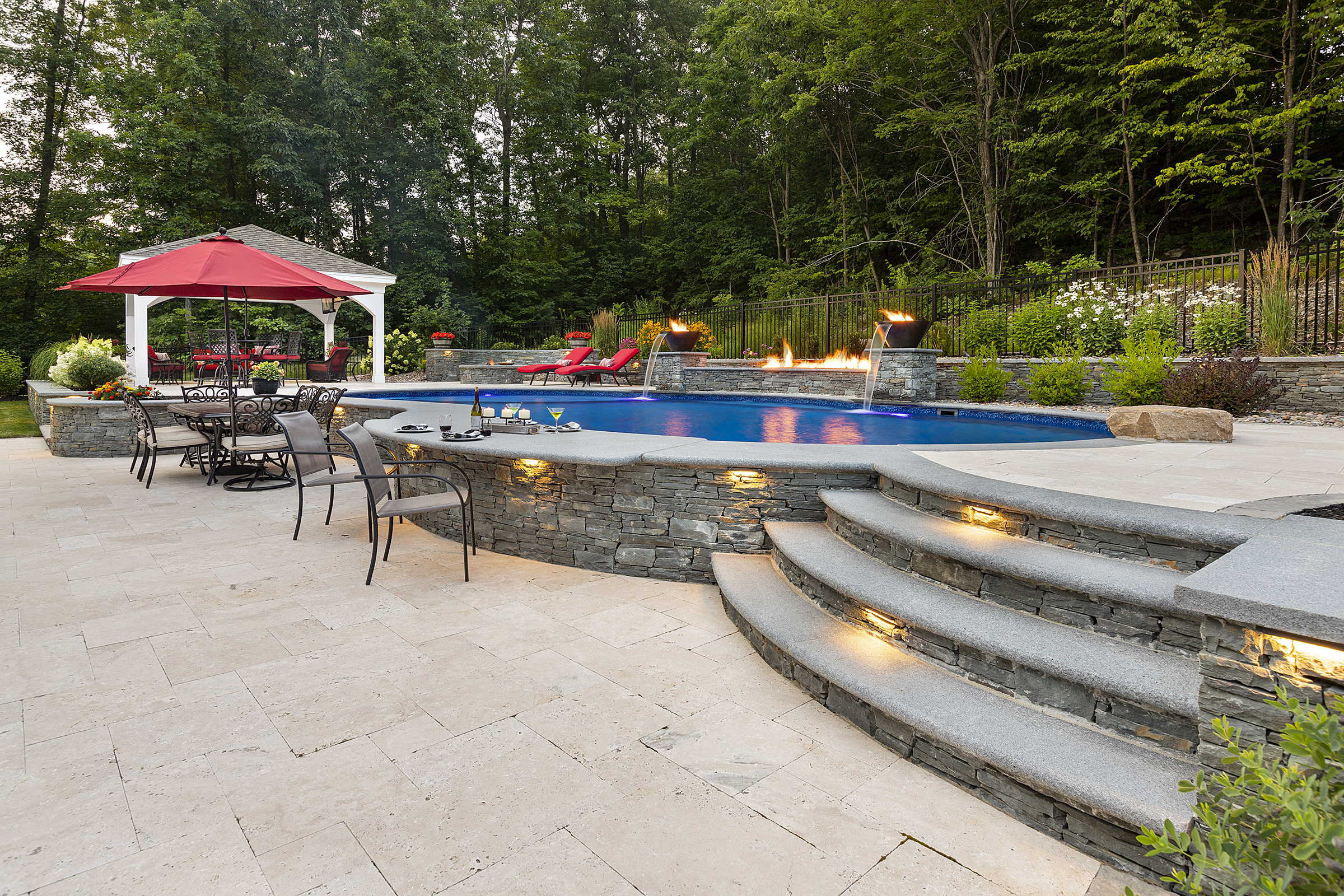 Sterling MA pool steps, jump rock, and poolside bar