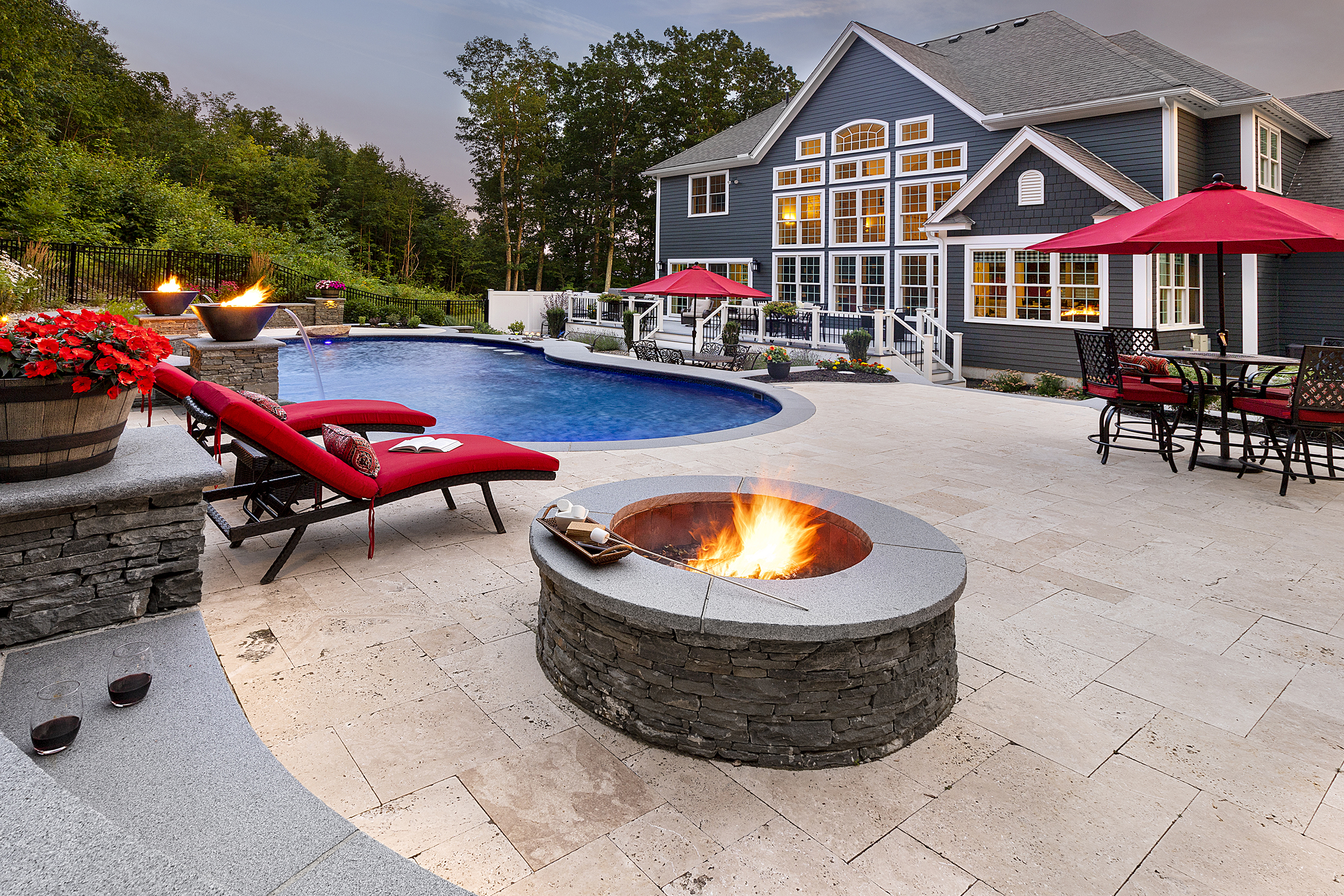 Sterling MA pool house and fire pit