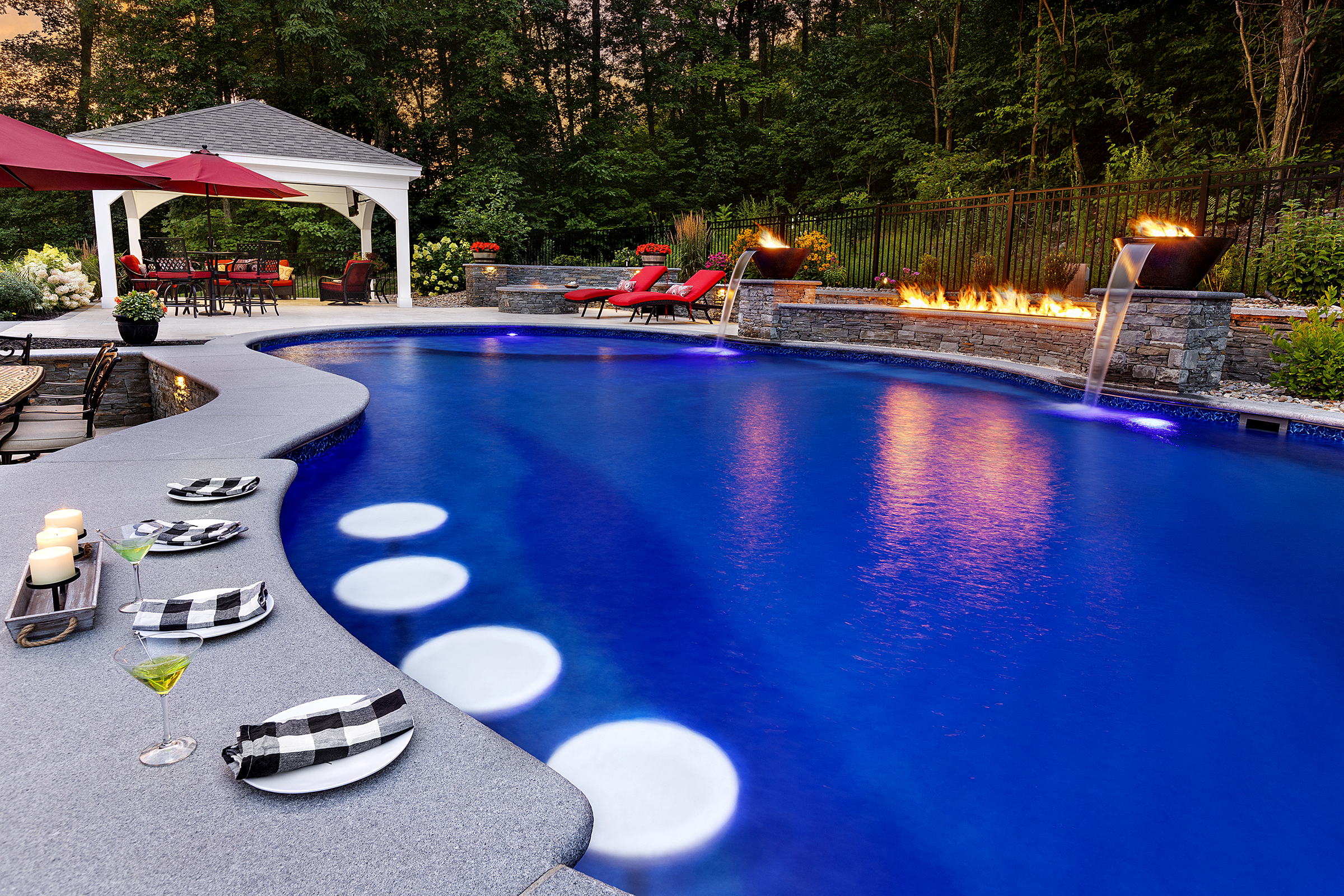 Sterling MA poolside bar and fire and water features