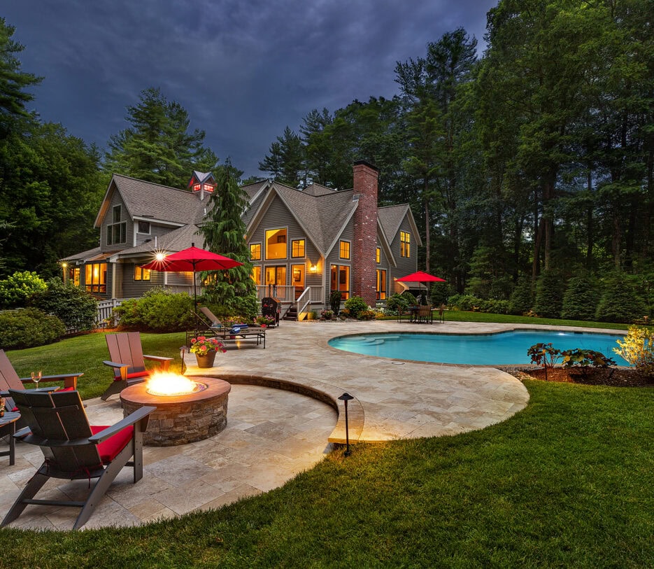 Sunken gas fire pit by the backyard pool. Dex by Terra pool renovation project in Carlisle, Massachusetts.