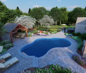 A rendered image of the proposed backyard design for our clients in Whitinsville, MA.
