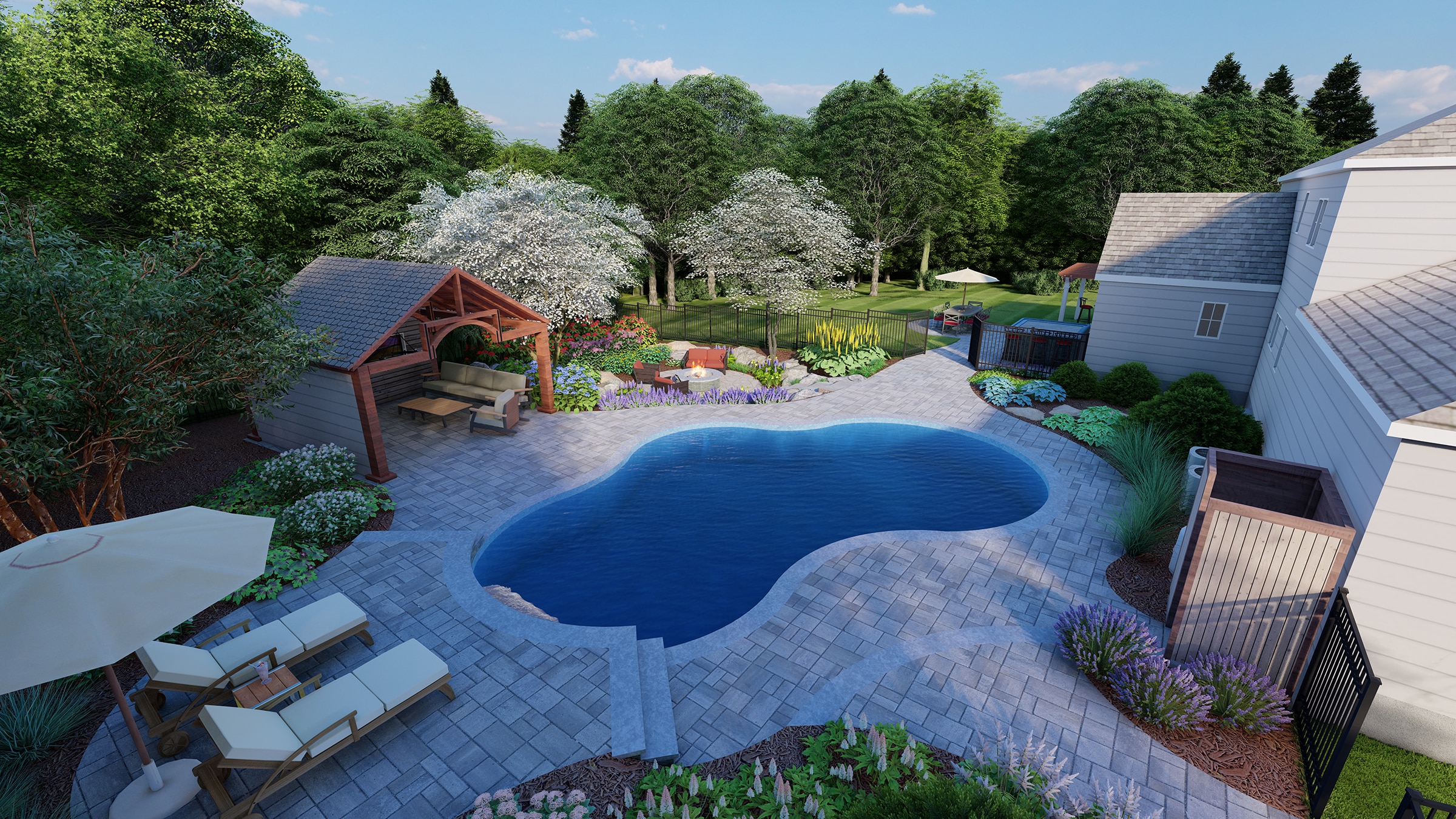 A rendered image of the proposed backyard design for our clients in Whitinsville, MA.