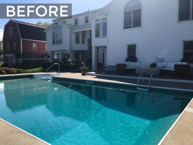 A view of our Auburn, MA client's inground pool before Dex by Terra's pool renovation.