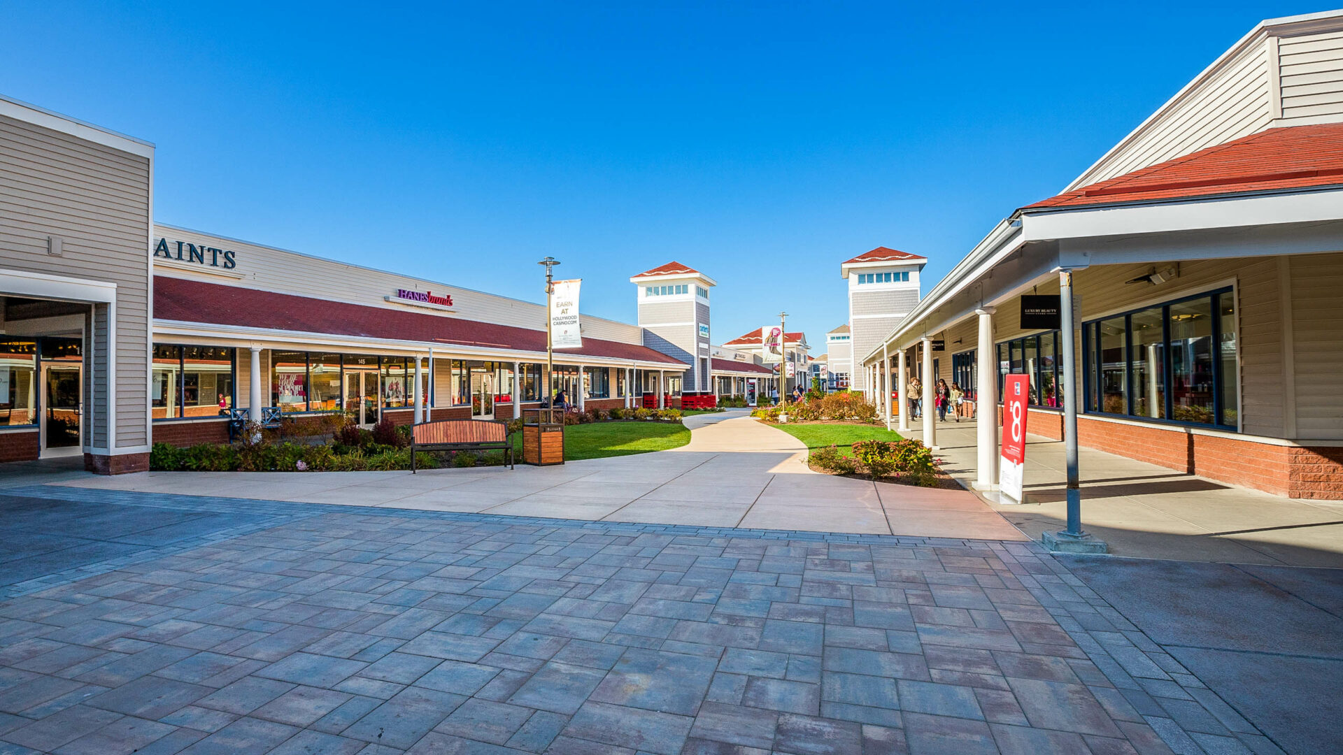 Wrentham shopping center with decorative concrete.