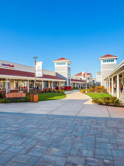 Wrentham shopping center with decorative concrete.