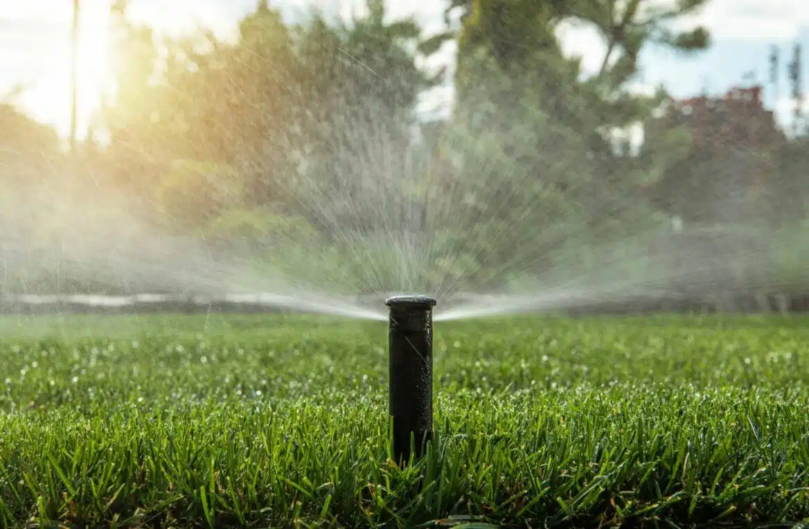 An active automatic lawn sprinkler. Dex by Terra commercial irrigation service in Massachusetts.