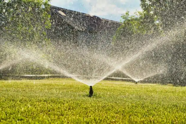 Multiple active lawn sprinklers. Dex by Terra commercial irrigation service in Massachusetts.
