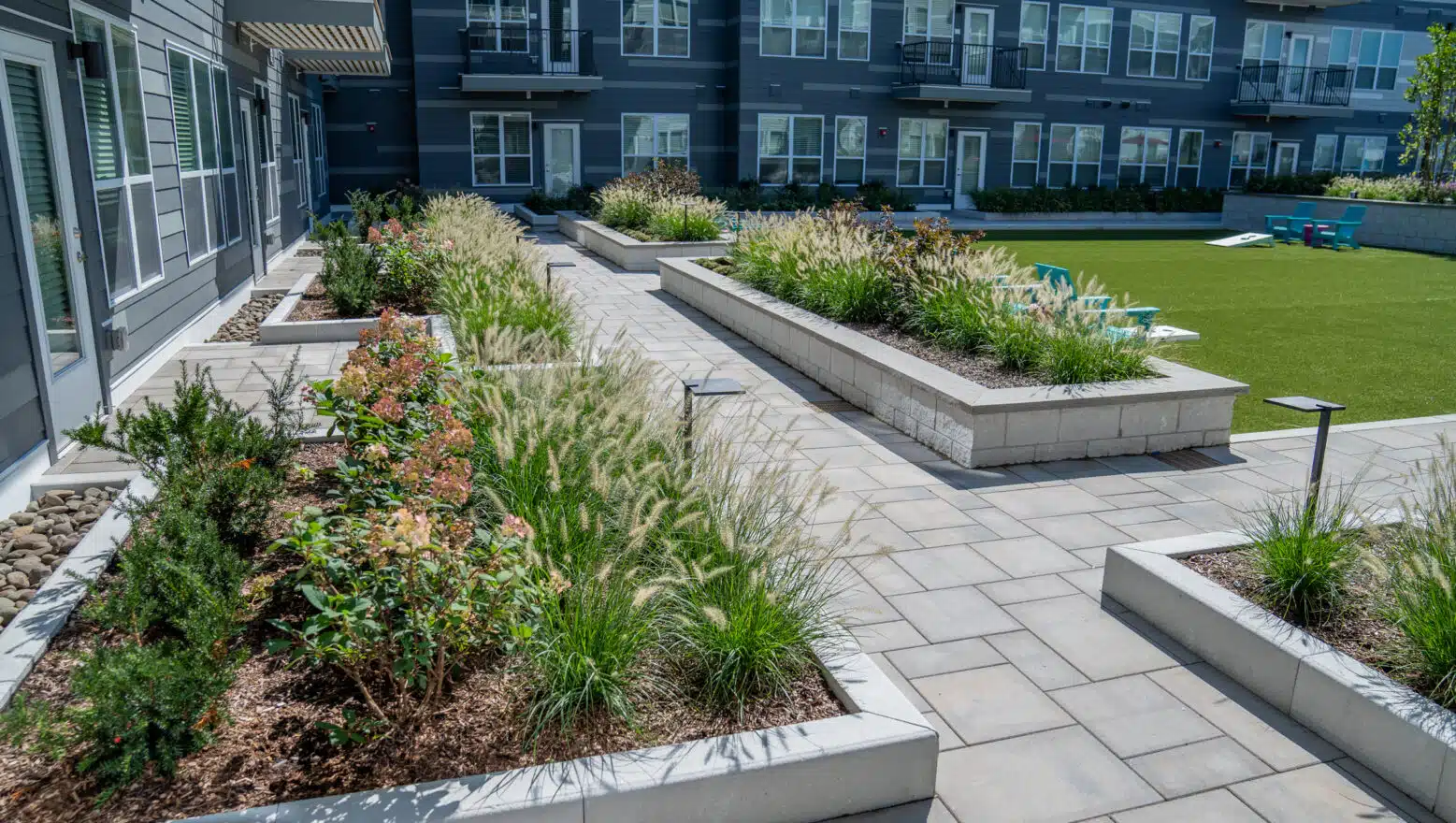 A walkway flanked by flowerbeds and landscaping at V2 Apartments in Chelsea, MA. Hardscaping and landscaping by Dex by Terra.